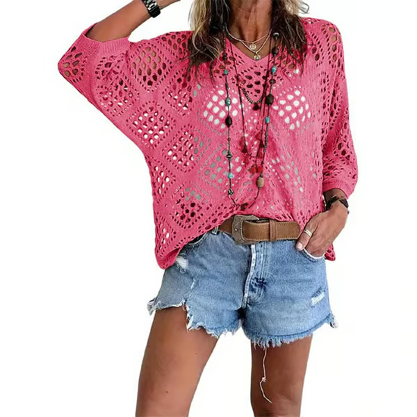 Elowen Beige Crochet V-Neck Top - Pink