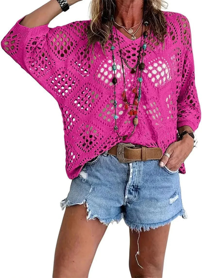 Elowen Beige Crochet V-Neck Top - Rose Red
