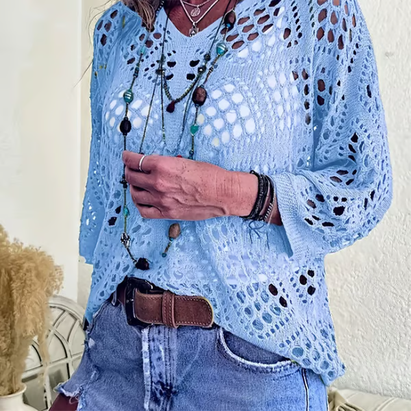 Elowen Beige Crochet V-Neck Top - Sky Blue