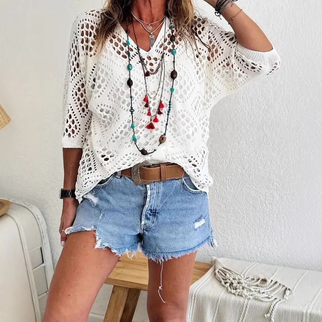 Elowen Beige Crochet V-Neck Top - White