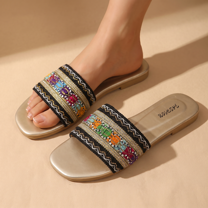 Elowen Embroidered Comfort Slippers - Gold