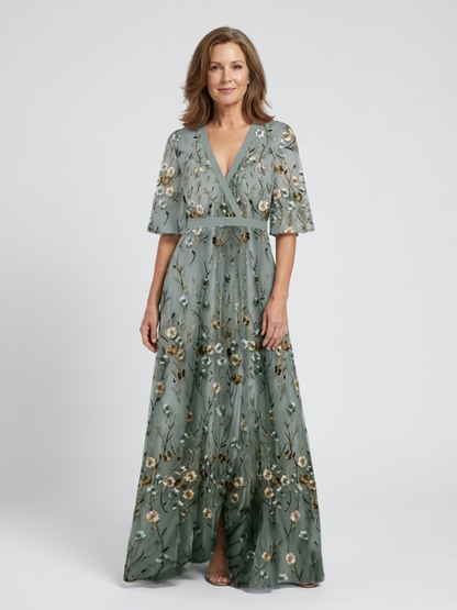 Elsie V-Neck Floral Dress - Green