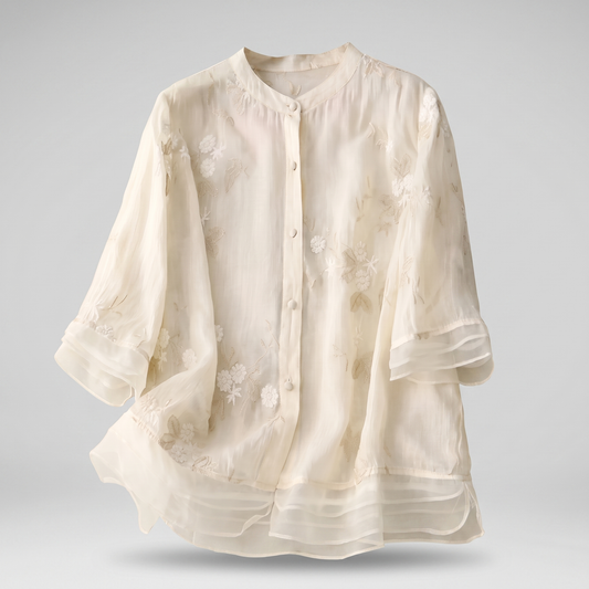 Emily Cotton Top with Embroidered Flowers - Cream
