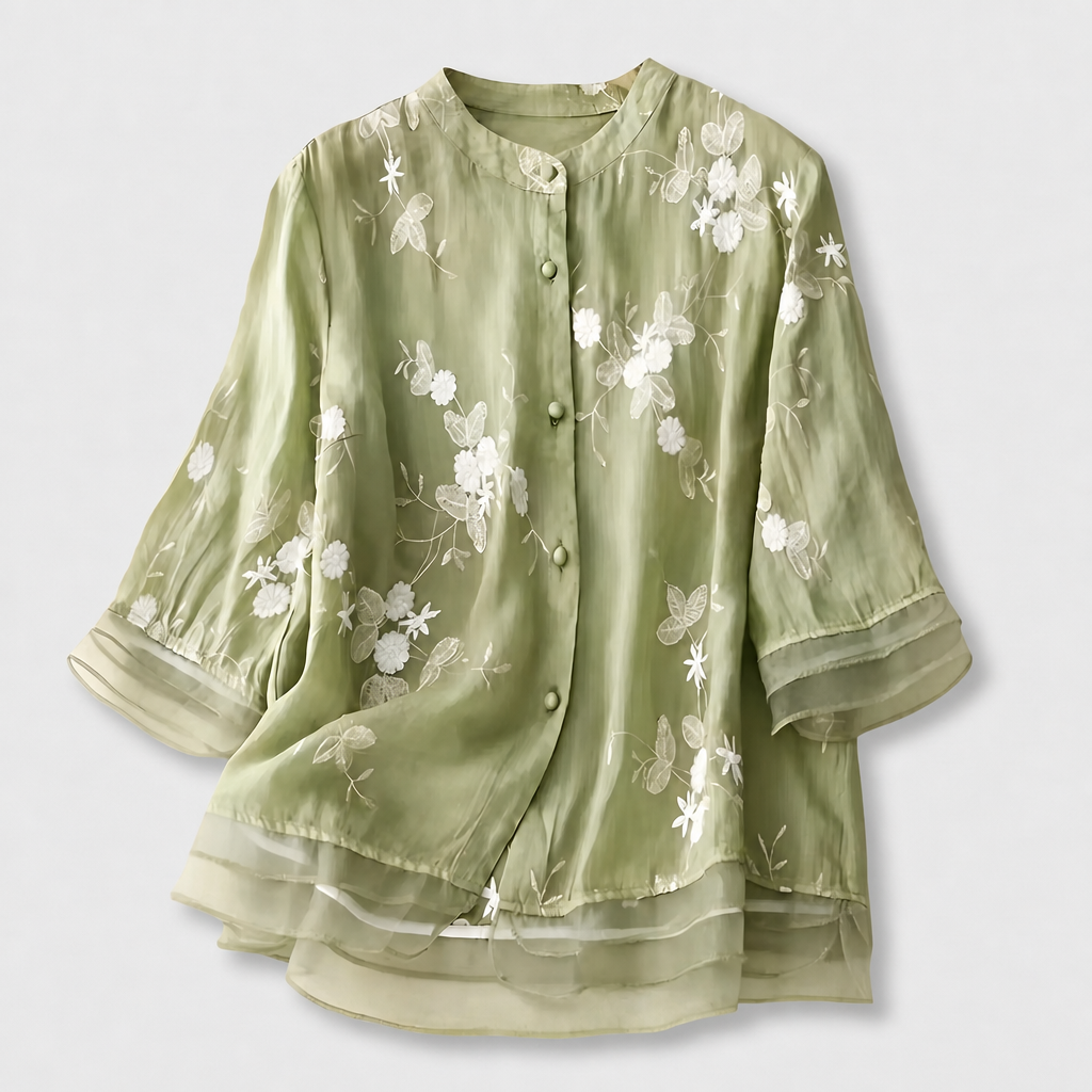 Emily Cotton Top with Embroidered Flowers - Green