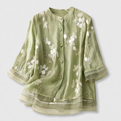 Emily Cotton Top with Embroidered Flowers - Green