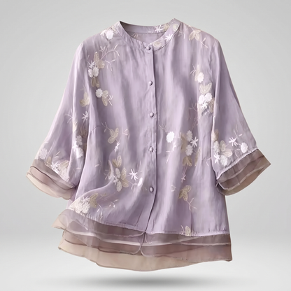 Emily Cotton Top with Embroidered Flowers - Purple