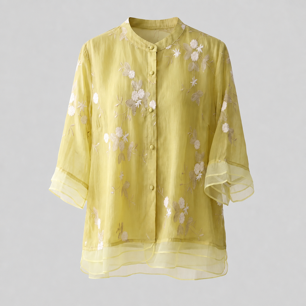 Emily Cotton Top with Embroidered Flowers - Yellow