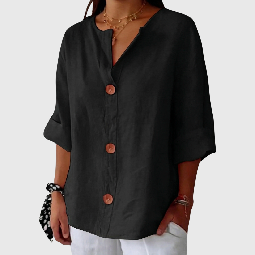 English Summer Linen V‑neck Shirt - Black