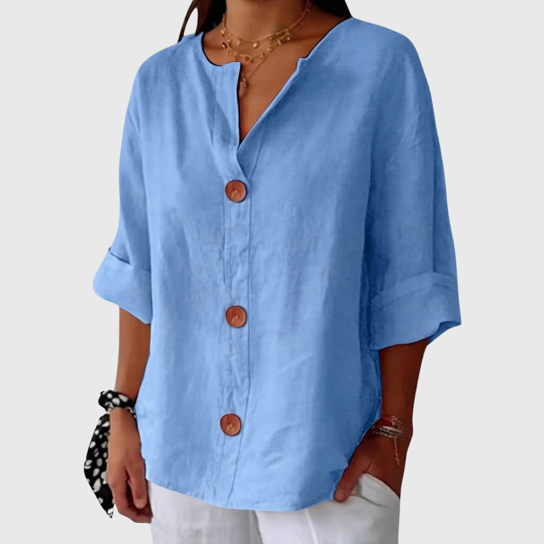 English Summer Linen V‑neck Shirt - Blue