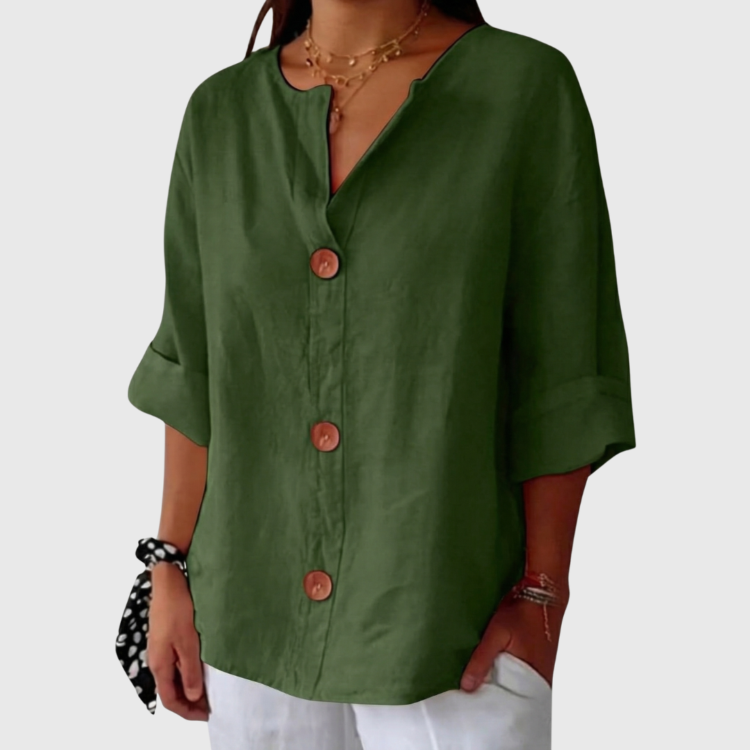 English Summer Linen V‑neck Shirt - Green