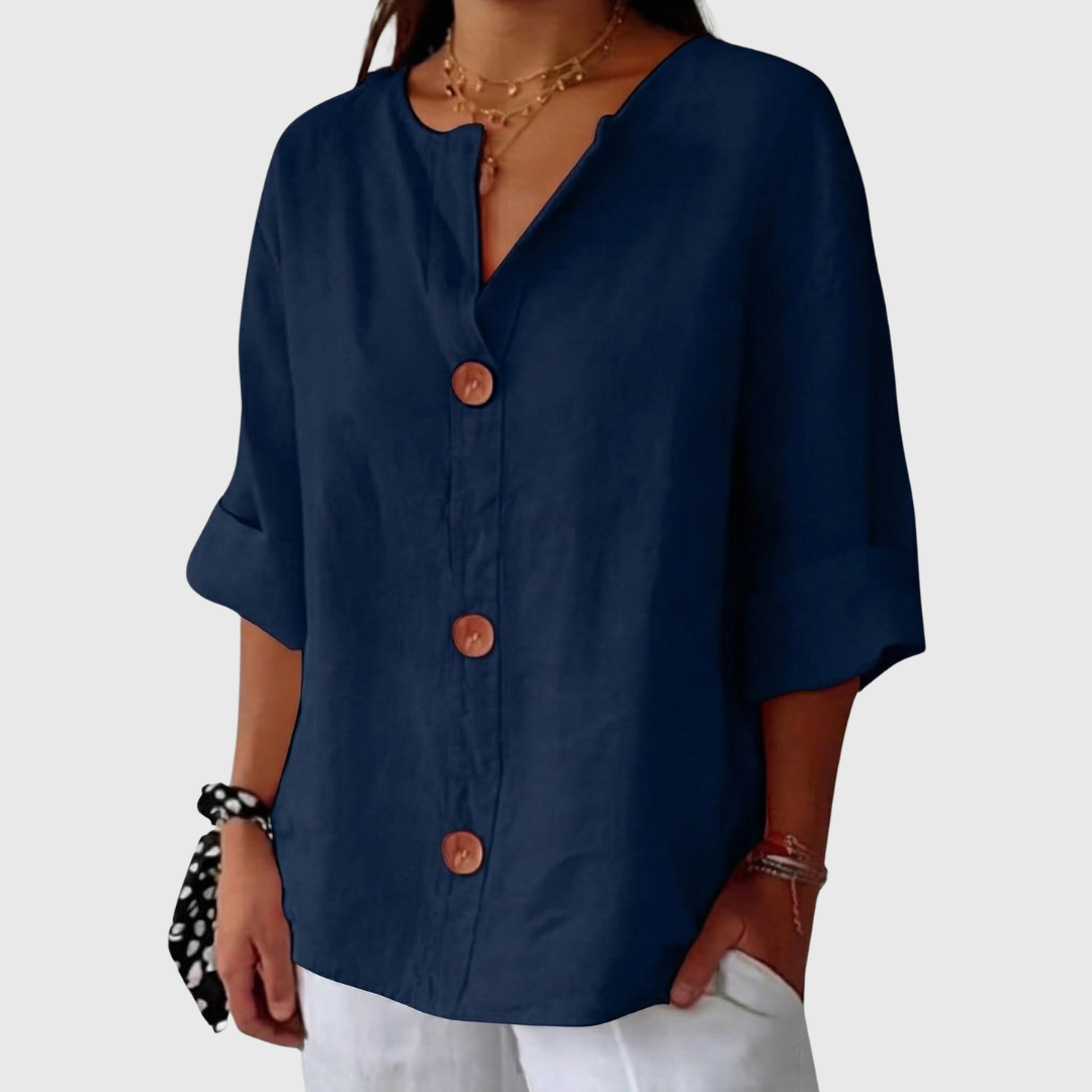 English Summer Linen V‑neck Shirt - Navy Blue