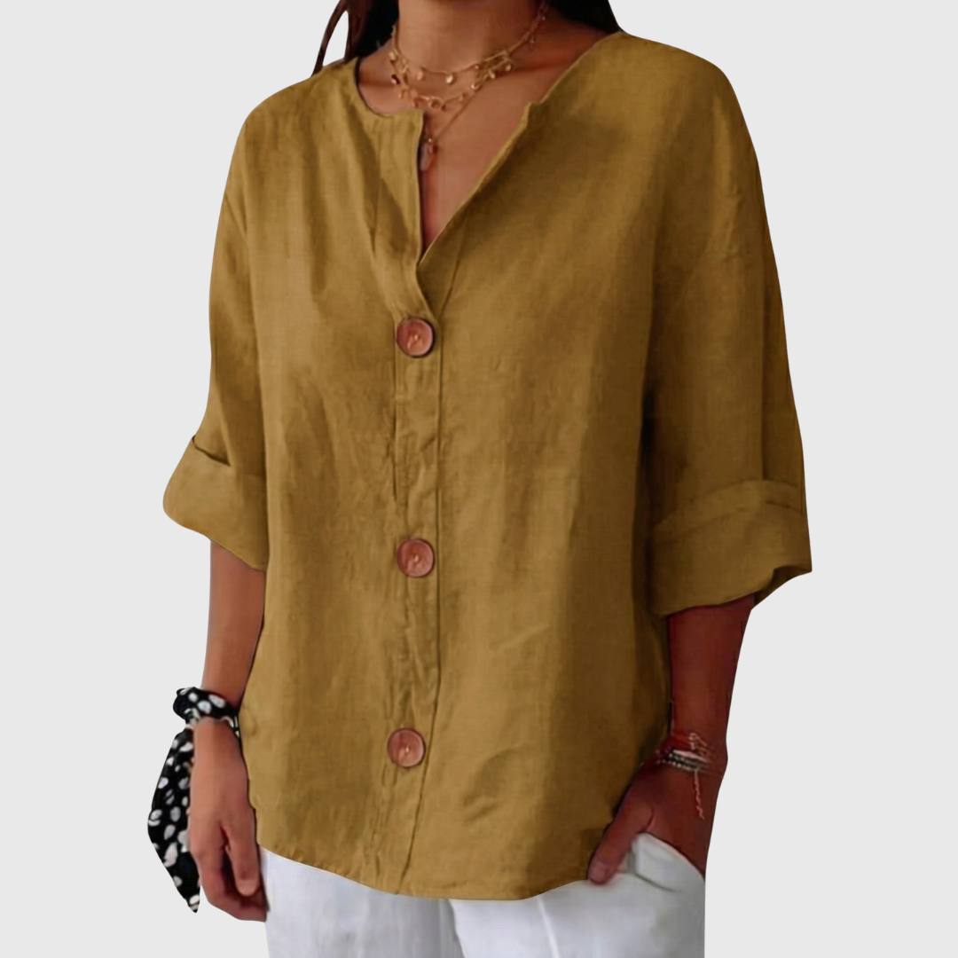 English Summer Linen V‑neck Shirt - Yellow
