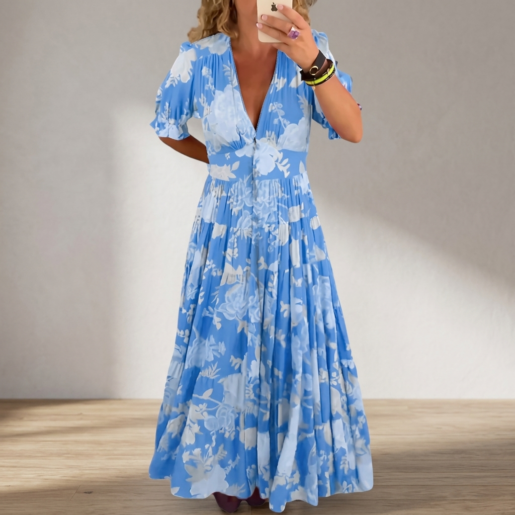 Evanthe Floral V-Neck Dress - Blue