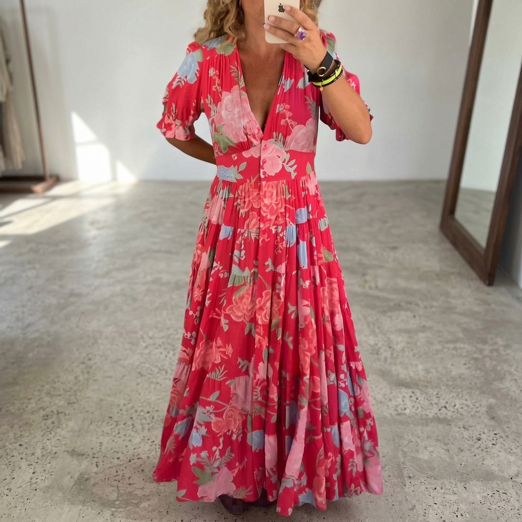 Evanthe Floral V-Neck Dress - Red
