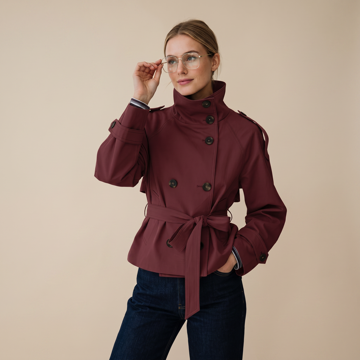 Evelyn Belted Trench Coat - Maroon