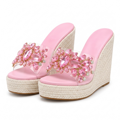 Evie Jewelled Espadrille Wedges - Pink