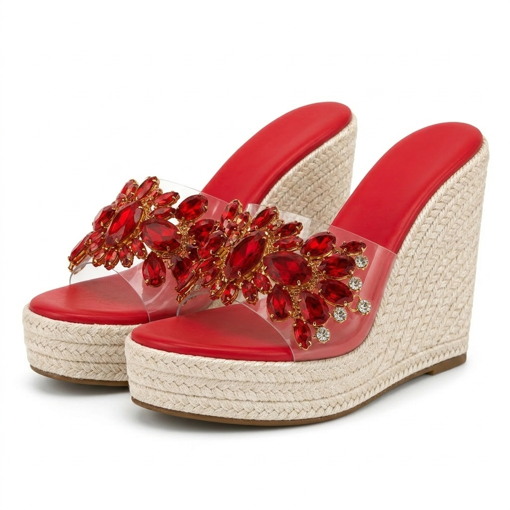 Evie Jewelled Espadrille Wedges - Red