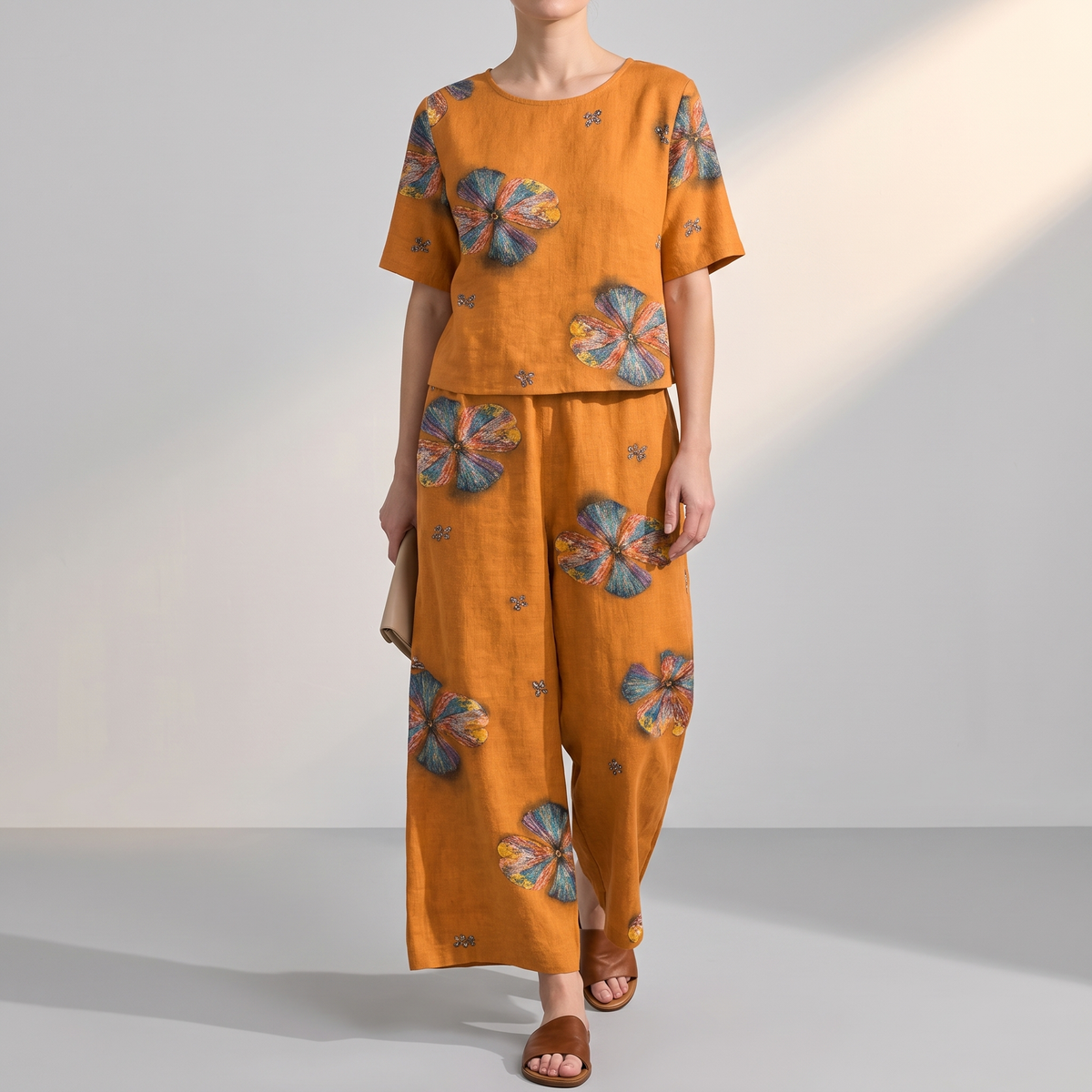 Fernleigh Easy-Wear Co-Ord Set - Orange Flowers