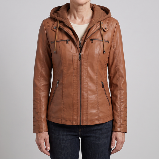 Fitted Hooded Leather-Look Jacket