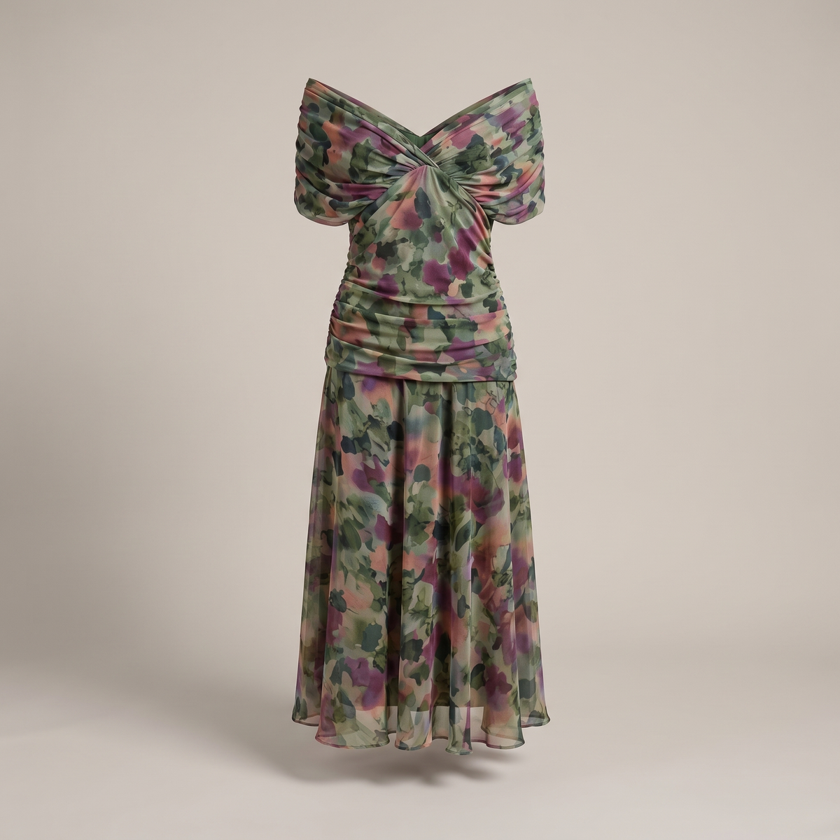 Graceful V-Neck Party Dress - Floral Green