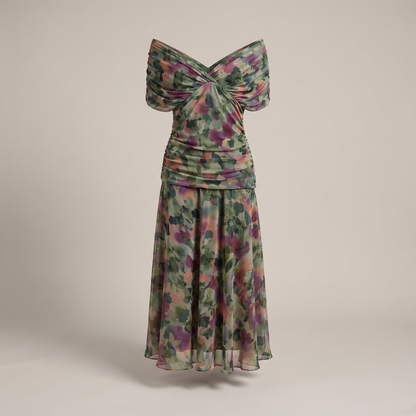 Graceful V-Neck Party Dress - Floral Green