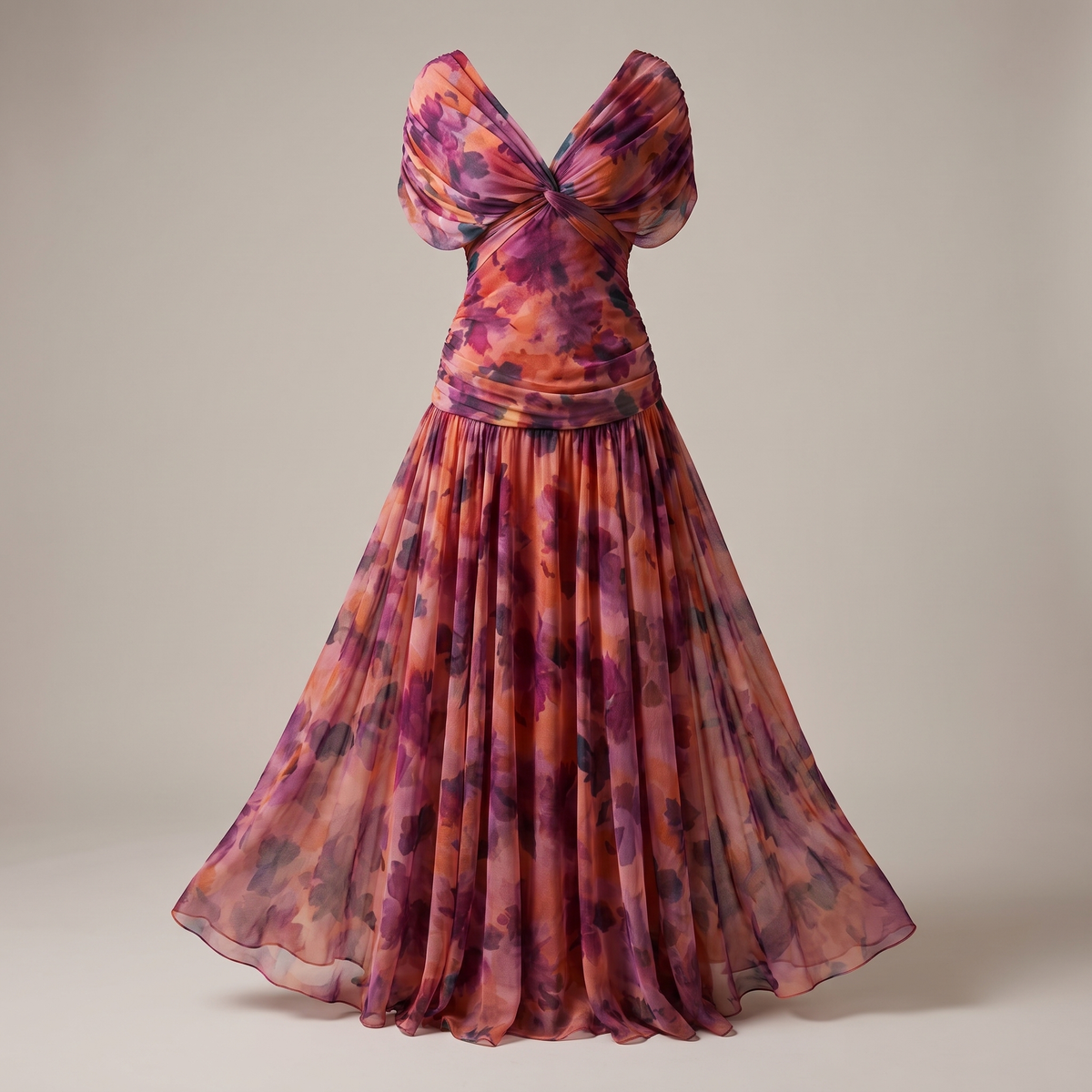 Graceful V-Neck Party Dress - Floral Red