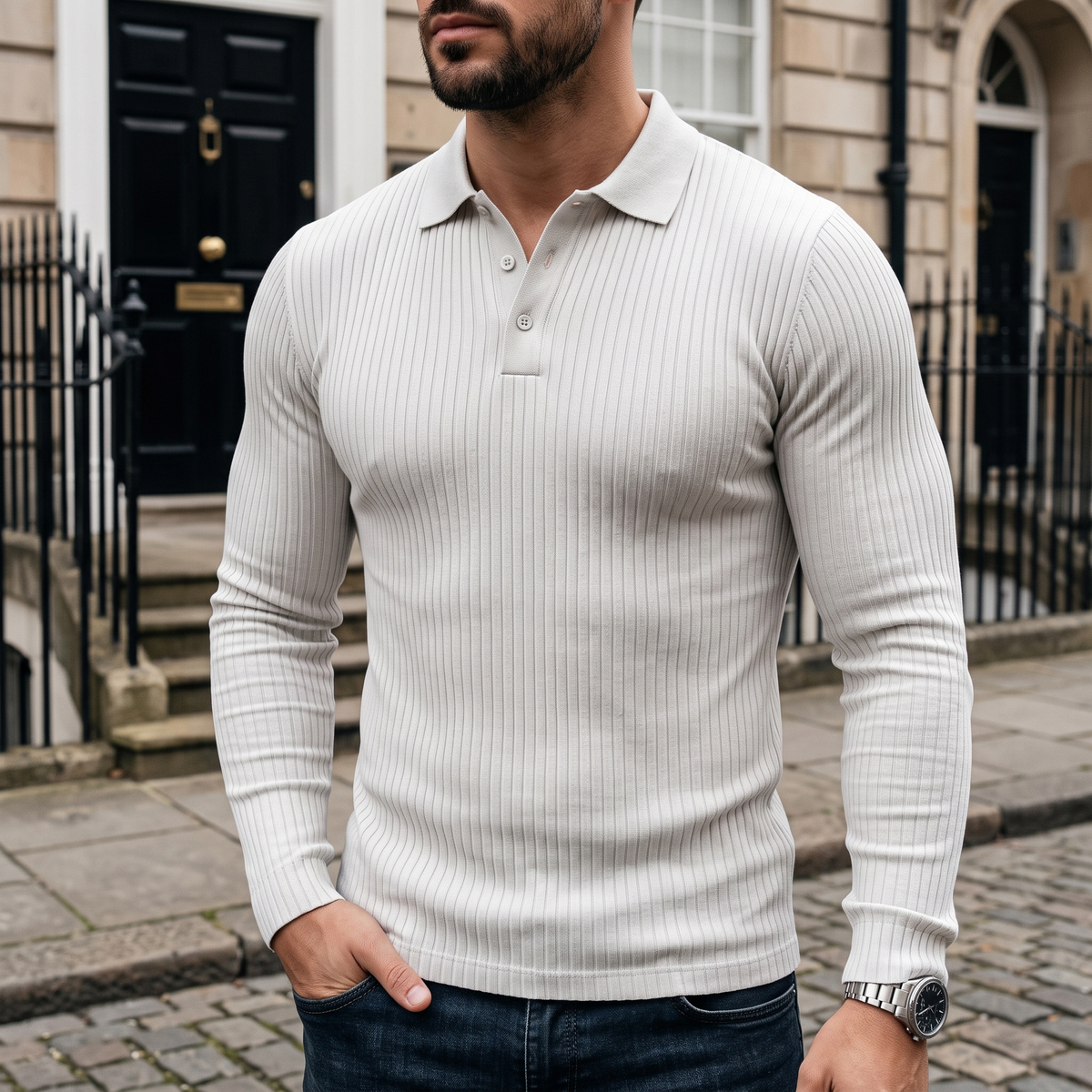 Harrowby Ribbed Long-Sleeve Polo - White