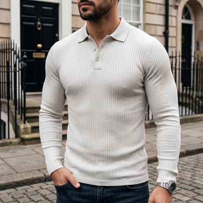 Harrowby Ribbed Long-Sleeve Polo - White