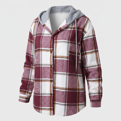 Highland Plaid Hooded Coat - Brick Red