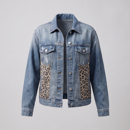 Leopard Panel Denim Jacket - Light blue