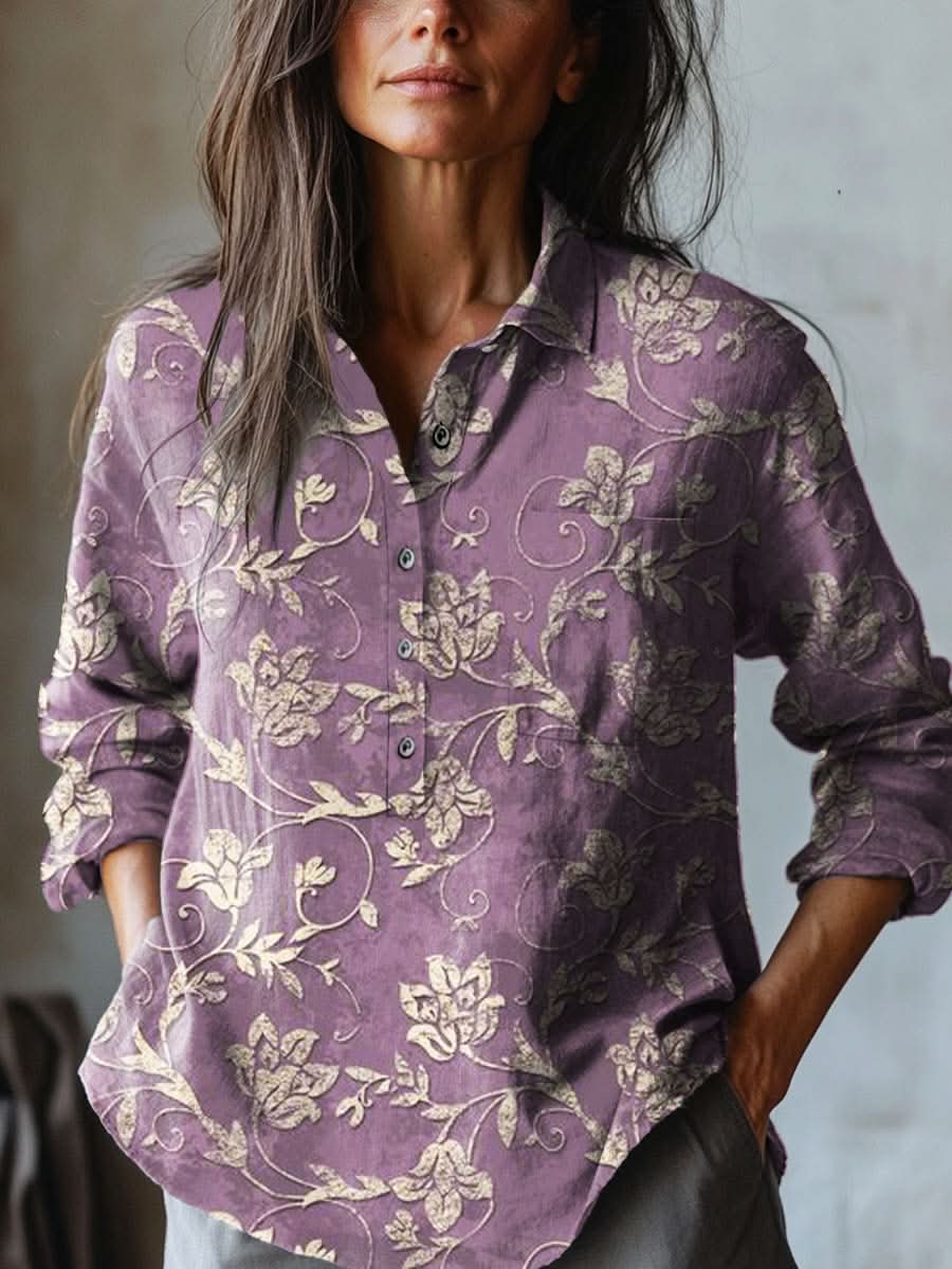 Lila Floral Embroidered Linen Shirt - Purple