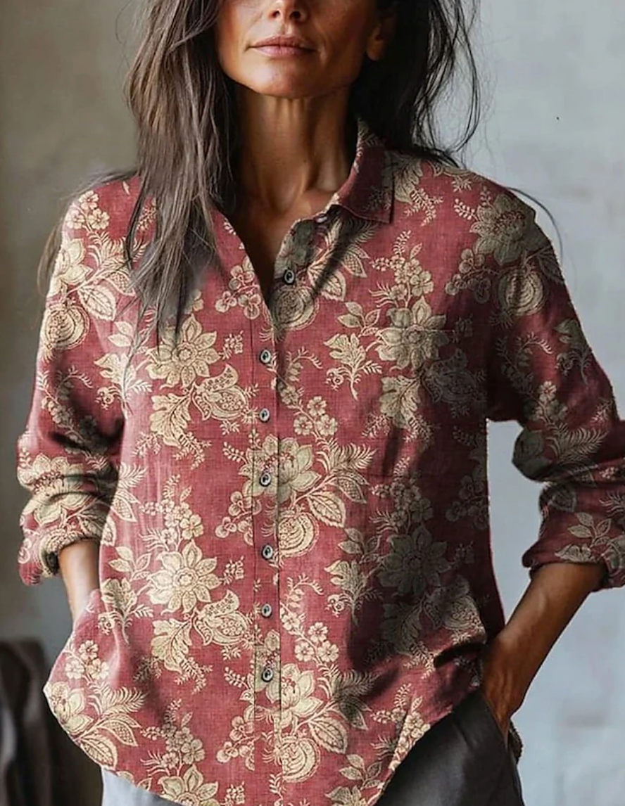 Lila Floral Embroidered Linen Shirt - Red