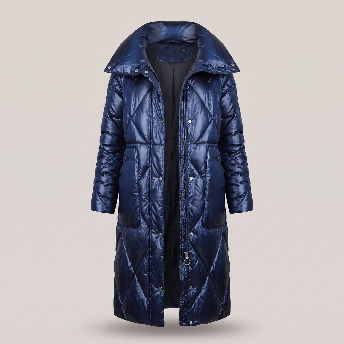 Longline Quilted Winter Coat - Navy Blue