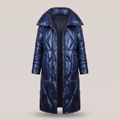 Longline Quilted Winter Coat - Navy Blue