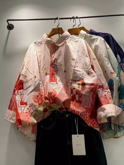 Lorena Fun Print Oversized Shirt - White Red