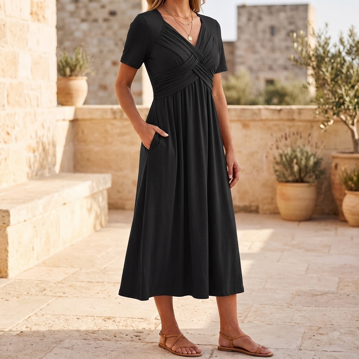 Marabelle Crossover Pocket Midi Dress - Black