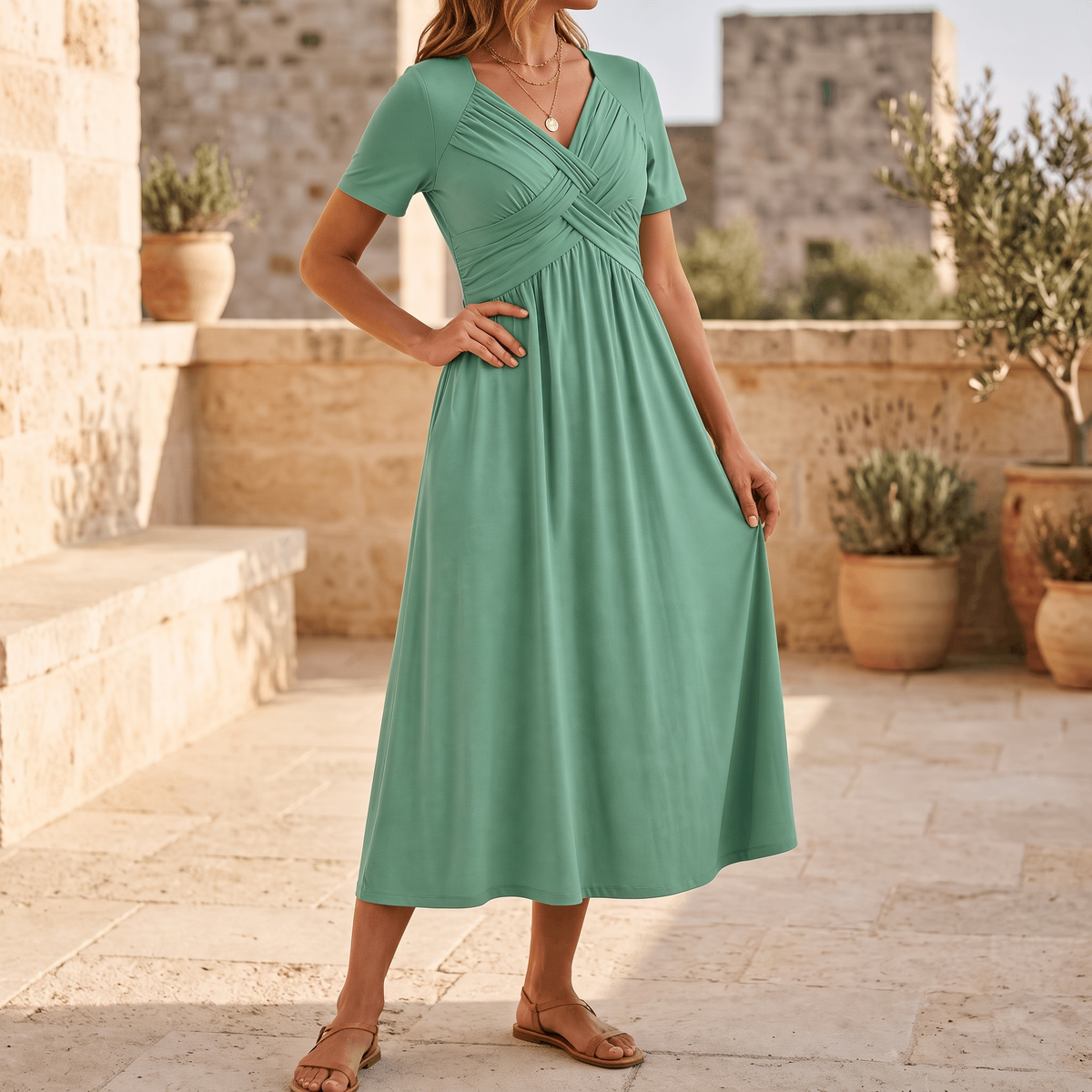 Marabelle Crossover Pocket Midi Dress - Sage Green