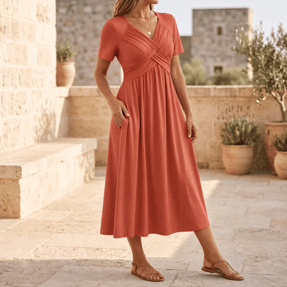 Marabelle Crossover Pocket Midi Dress - Terracotta