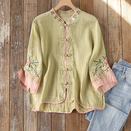 Marcombe Flare-Cuff Embroidered Blouse - Green