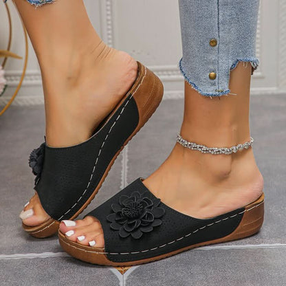 Nessa Flower Detail Comfort Sandals - Black