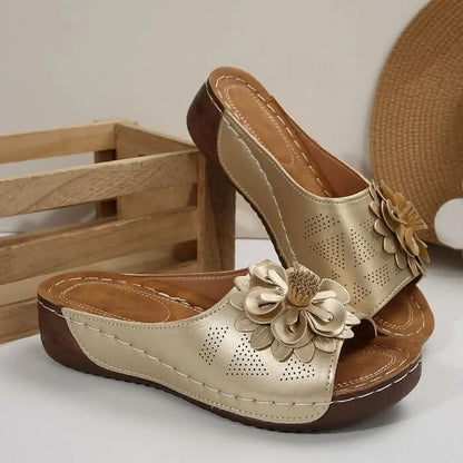 Nessa Flower Detail Comfort Sandals - Gold