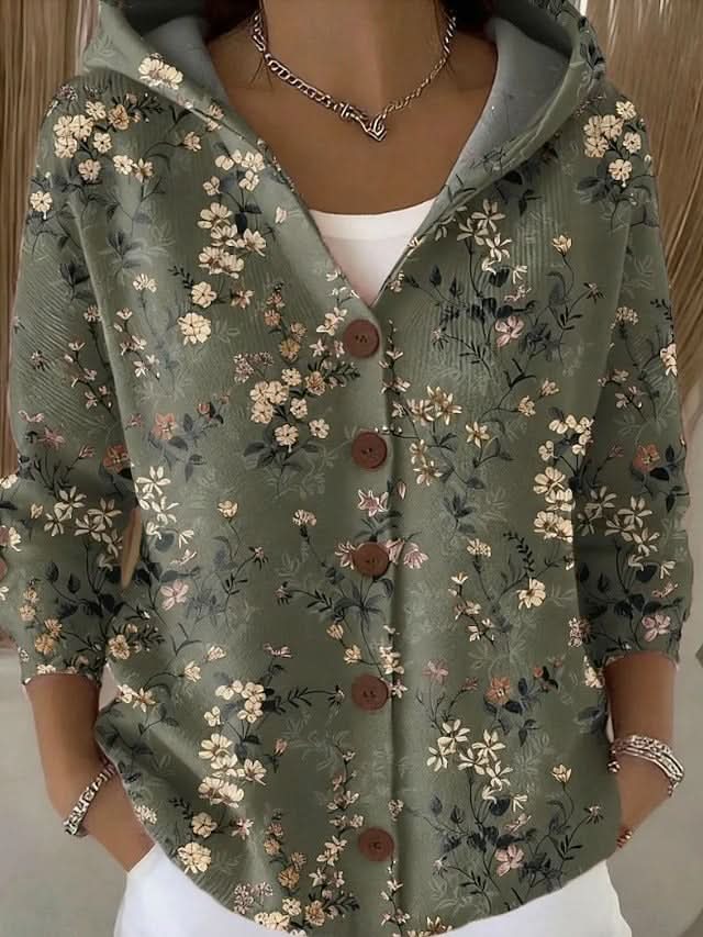 Noira Textured Art Cardigan - Dark Green with Flowers