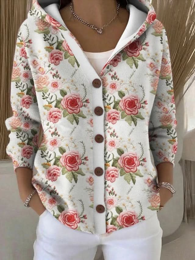 Noira Textured Art Cardigan - White with Roses