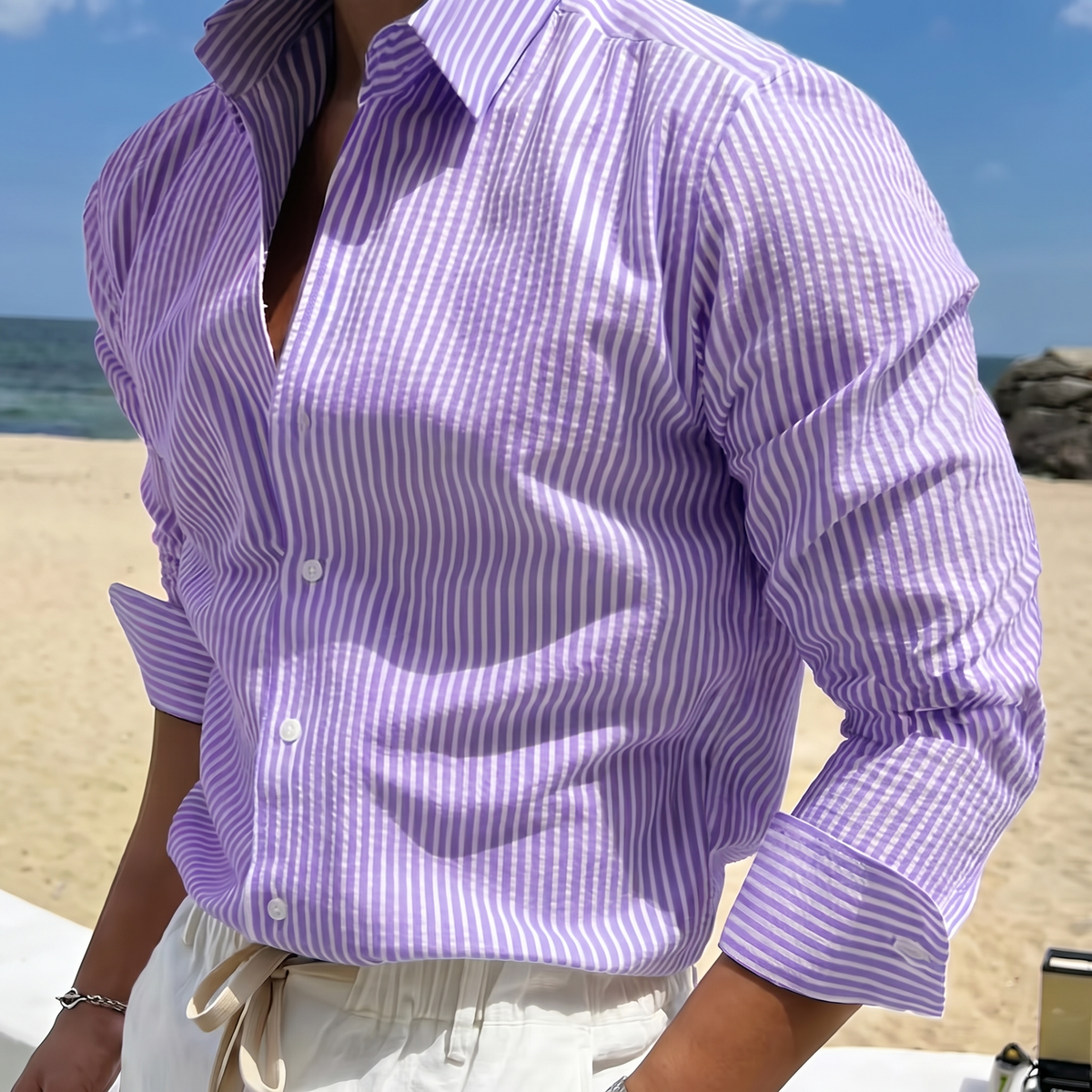 Ormswell Striped Long-Sleeve Shirt - Purple and White Stripes