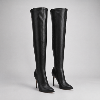 Pointed Toe Knee High Boots - Black
