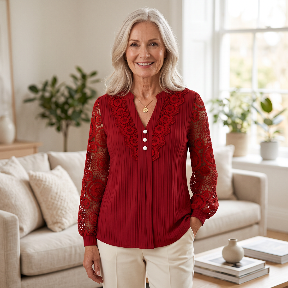 Primleigh Lace-Panel V-Neck Blouse - Burgundy