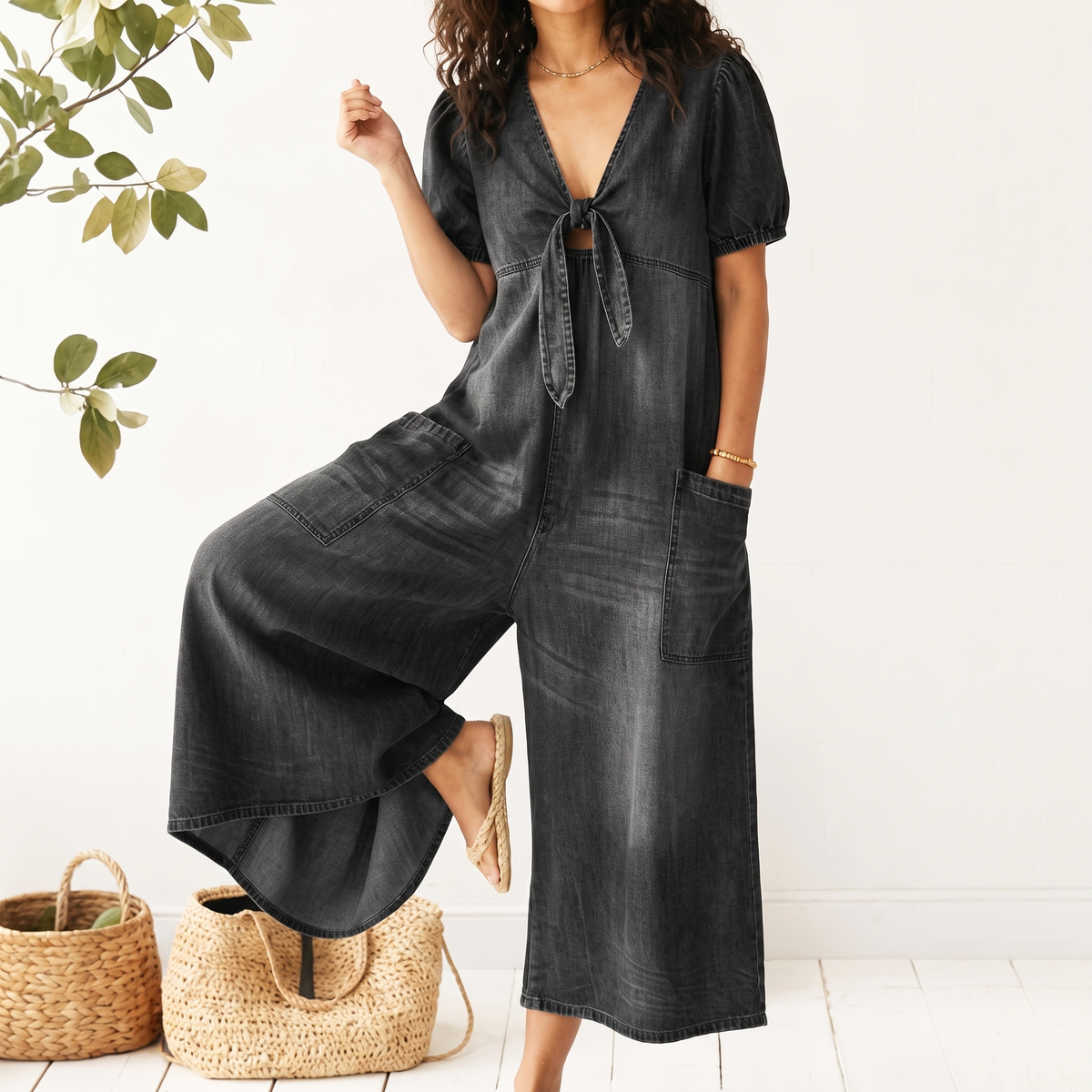 Rowanvale Tie-Front Denim Jumpsuit - Black
