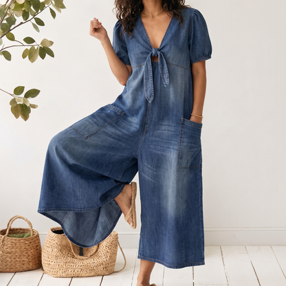 Rowanvale Tie-Front Denim Jumpsuit - Blue