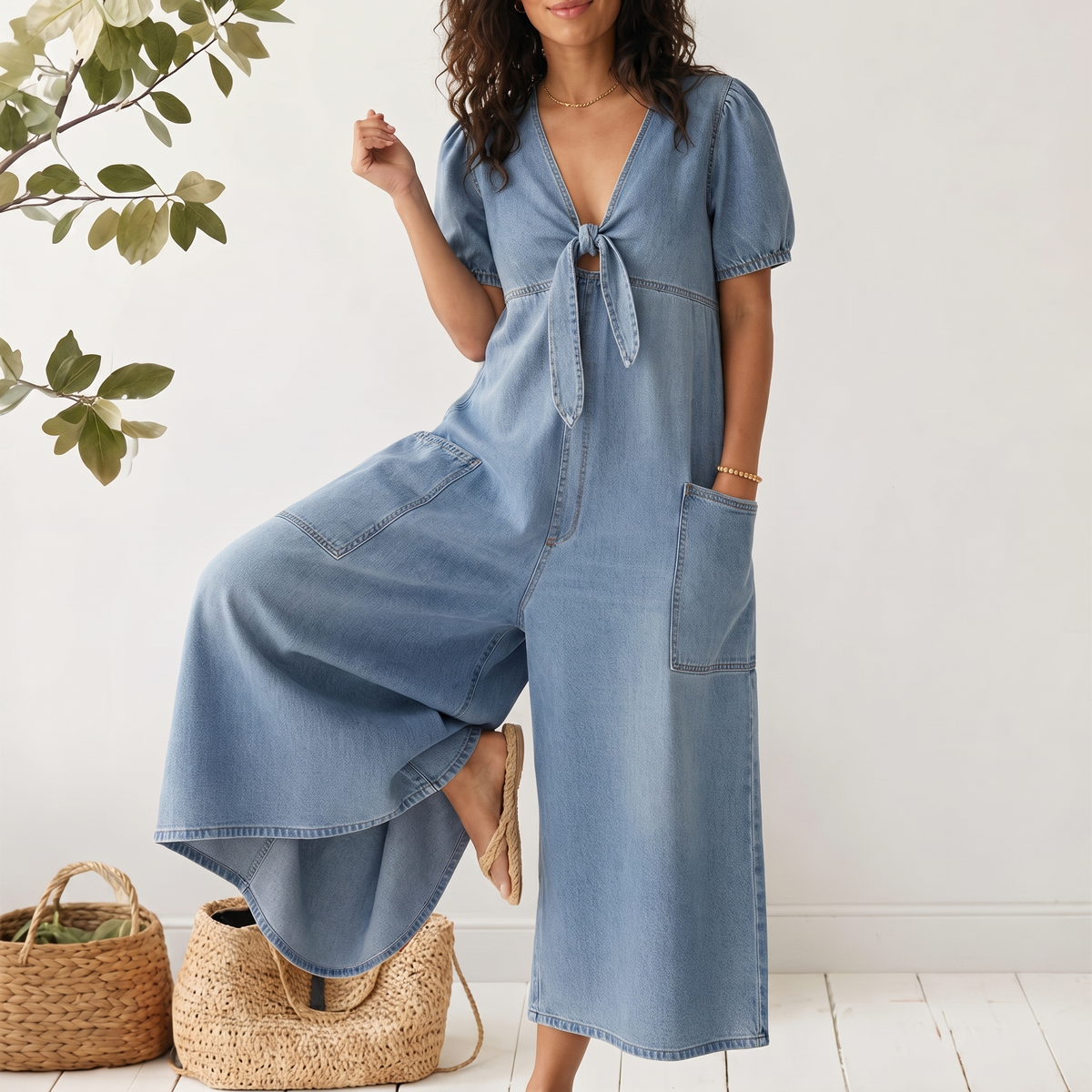 Rowanvale Tie-Front Denim Jumpsuit - Light Blue