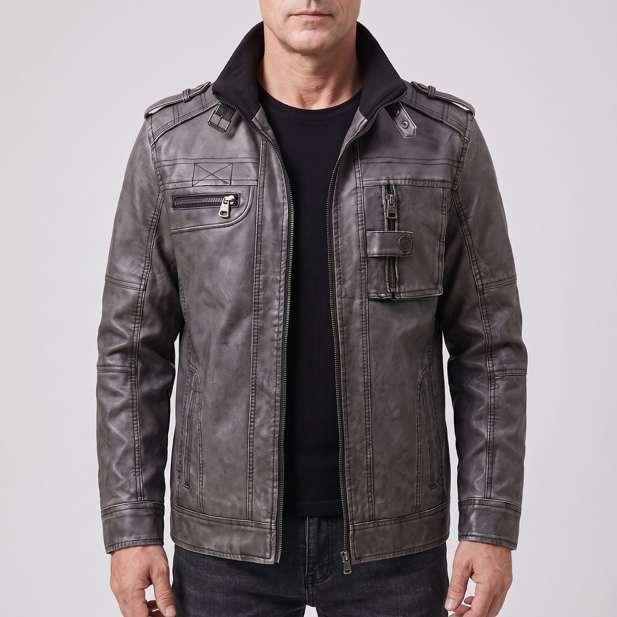 Rugged Utility Leather-Look Jacket